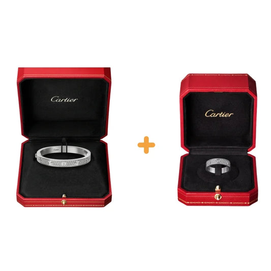 Ensemble deux pièces de la collection LOVE : un bracelet pavé classique et une bague pavée.