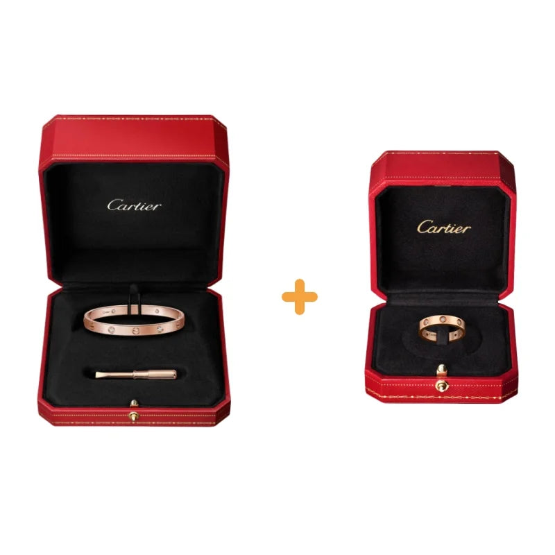 Ensemble deux pièces de la collection LOVE : un bracelet serti de 4 diamants et une bague sertie de 8 diamants.